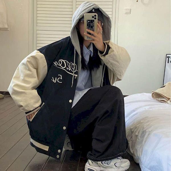 

women's jackets men sweatshirt jacket 2021 korean loose hip hop all-match bf plus velvet fake two-piece baseball uniform sports coat, Black;brown