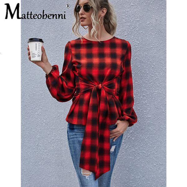 

2021 new women's round neck long sleeve retro check lace-up shirt fashion red plaid bowknot office elegant casual blouse women uo5o, Gray