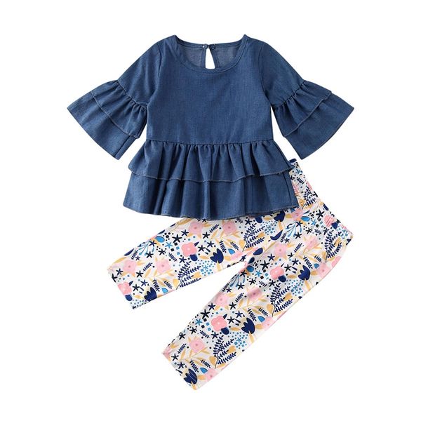 

toddler kid baby girl clothes sets autumn flare sleeve solid dress long floral pants outfit clothes 1-6yrs, White
