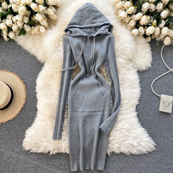 

2021 new women casual knit spring autumn slim long sleeve hooded midi es ladies elegant korean sweater vestido mujer 1apg, Black;gray