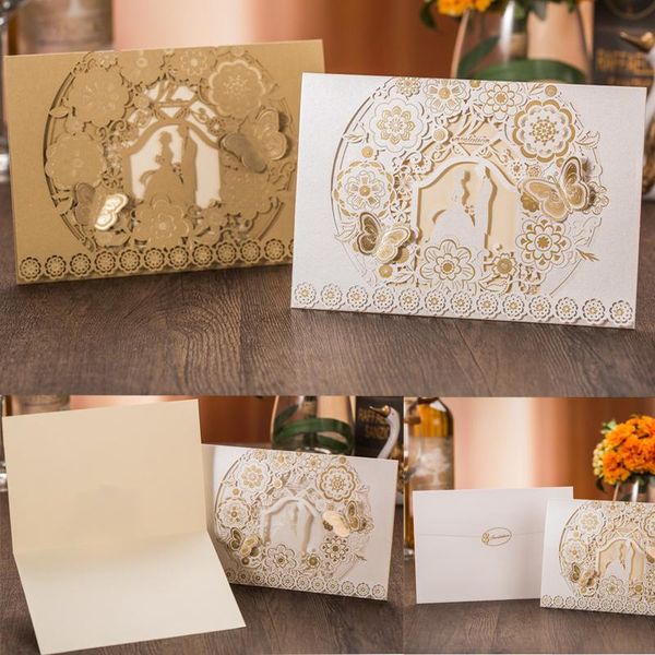 

greeting cards 1pcs gold white laser cut bride & groom wedding invitation card marriage envelopes party favor decoration