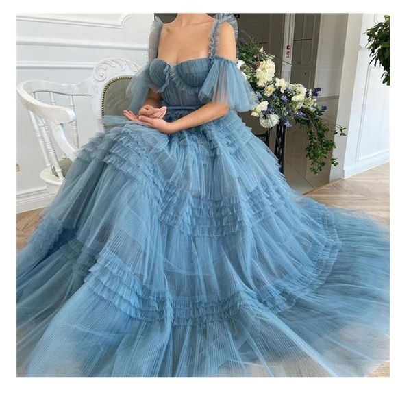 

party dresses lorie 2021 blue ruffles long evening sleeveless spaghetti sweetheart off shoulder tulle tiered prom dress, White;black