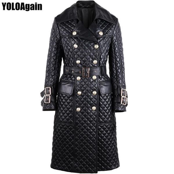 

women's leather & faux yoloagain women genuine trench ladies double breasted long real coat, Black