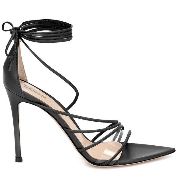 

dress shoes summer style large size solid color pu pointed toe stiletto heel pvc lace-up sandals banquet all-match women's, Black