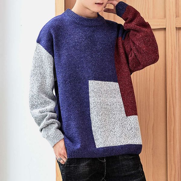 

2021men's knitwear autumn winter 2019 fashion casual youth versatile sweater contrast color matching pullover knitting trend, White;black