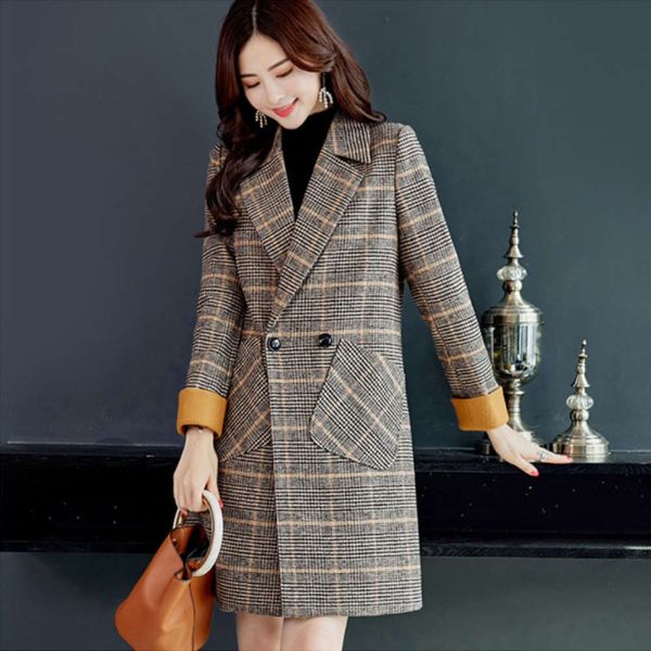 

korean mid long women's autumn and new plaid loose tweed coat 2020 winter, Black