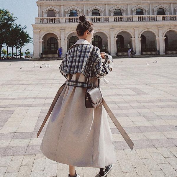 

women's trench coats superaen double-breasted long windbreaker with belt plaid patchwork coat office lady for women, Tan;black