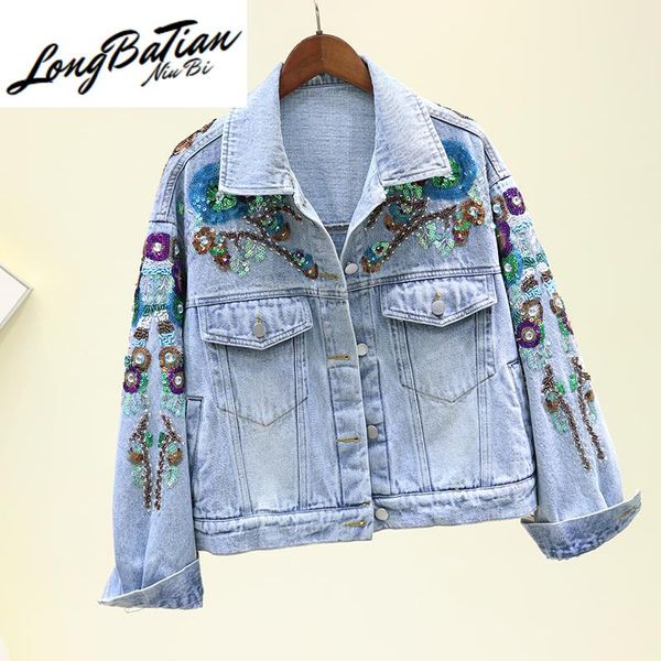 

women's jackets fashion beading sequins denim coat women 2021 spring autumn vintage blue loose casual short jeans jacket outwear female, Black;brown