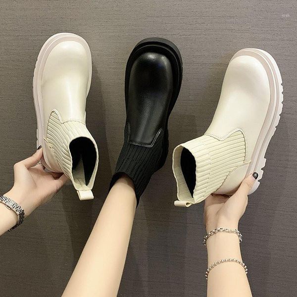 

boots cootelili women ankle 2021 fashion shoes round toe 5cm heel slip on black beige basic platform for woman 35-401