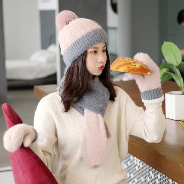 

hats, scarves & gloves sets scarf hat glove set women pompon beanies knitted skullies hats autumn winter warm wool acrylic caps with, Blue;gray