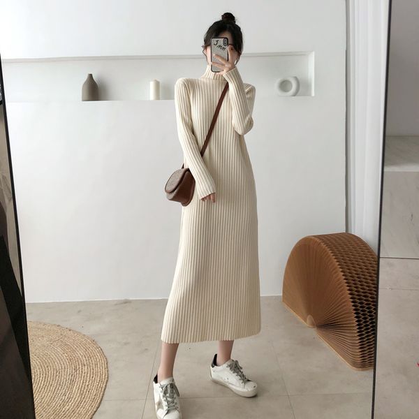 

2021 new outono bodycon turn neck bainha camisola de malha algodo manga longa casual midi vestido 1a3r, Black;gray