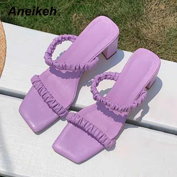 

slippers aneikeh 2021 fashion women's shoes summer solid ladies pleated square heel elegant pu sweet outside shallow party, Black