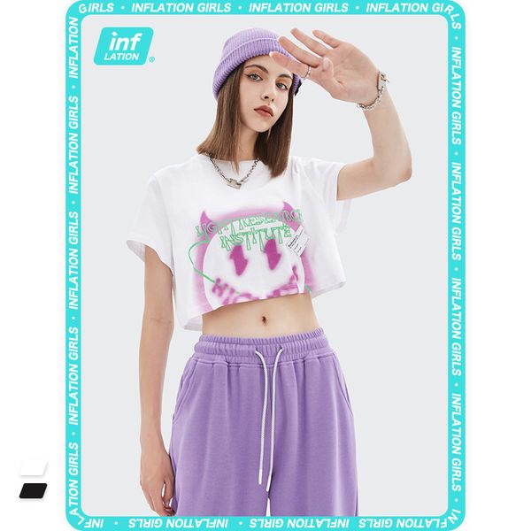

t shirt inf women's clothing - spring / summer 2021 network red devil graffiti print short open navel sweet cool sleeve for women, White