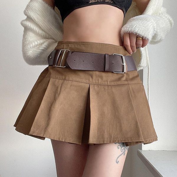 

spring 2021 new fashion khaki trim waist pleated skirt with belt, Black