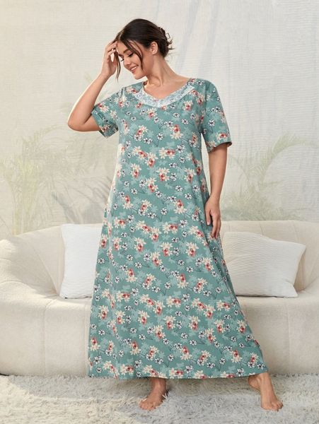 

plus floral print lace insert nightdress w3ld#, Black;white
