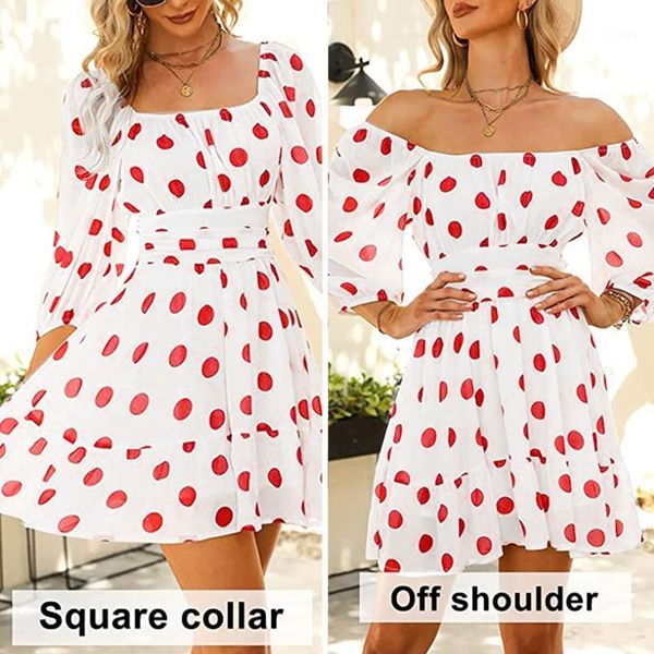 

casual dresses 2 in 1 womens autumn spring lantern sleeve tie polka dot backless dress ruffled square off shoulder, Black;gray