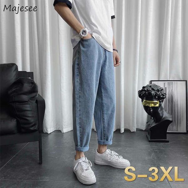 

men jeans ankle-length oversize 3xl loose straight solid simple leisure all-match korean-style trendy washed denim trousers male, Blue