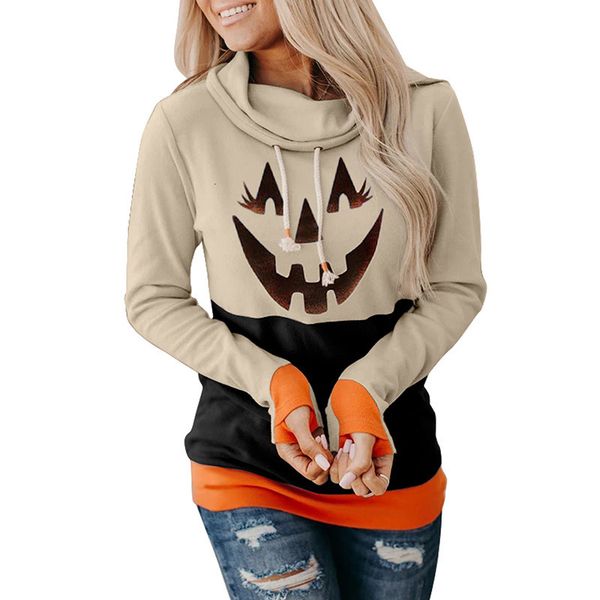 

2021 new autumn winter women high neck lace up long sleeve hoodies halloween cartoon print color contrast pullover femme loose sweatshirt zd, Black