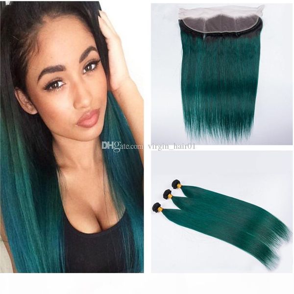 

green ombre hair with frontal dark roots 1b green human hair weaves with lace frontal straight brazilian virgin hair weft, Black;brown