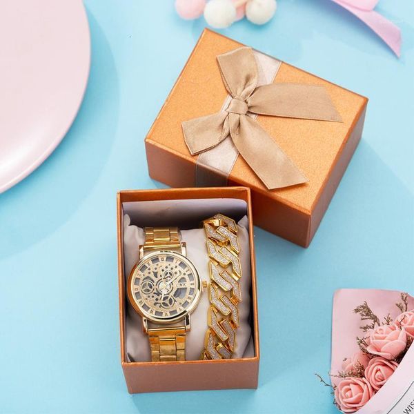 

2pcs/set watch gift set boutique packaging hip-hop cuban bracelets plus steel strap quartz watches in stock women watches luxury1, Slivery;brown