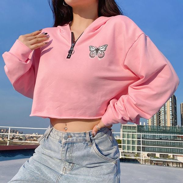

women's hoodies & sweatshirts pink y2k women butterfly embroidery long sleeve crop zipper pullover korean style streetwear teen girls, Black