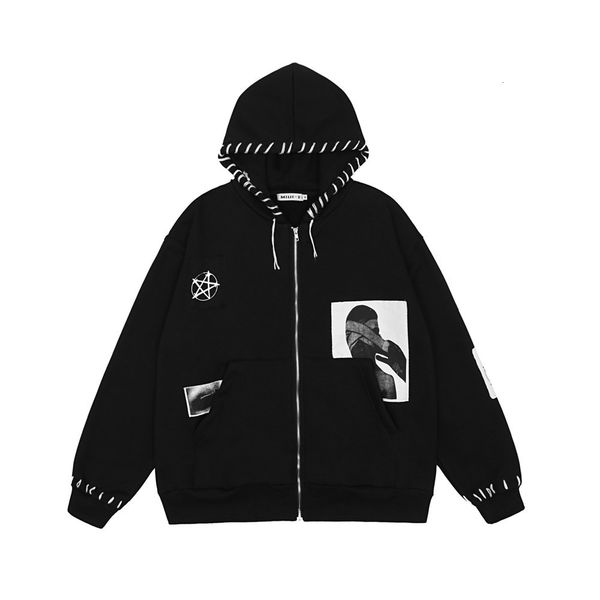 

men's jackets figure patch printed hooded jacket men's hand stitched hoodie trendy loose coat c001, Black;brown