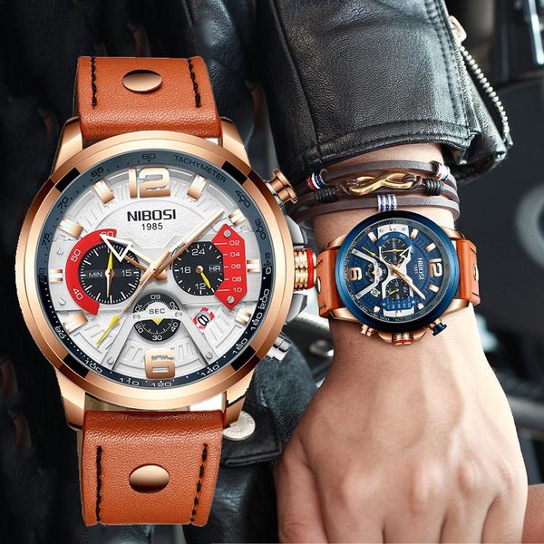 

wristwatches nibosi retro fashion leather watch for men 3atm waterproof sport quartz watchs mens chronograph wristwatch relogio masculino, Slivery;brown