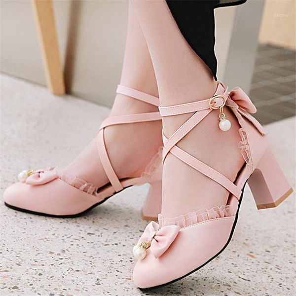 

dress shoes lolita pink white bow pumps round toe high heels cute cosplay kawaii ankle strap block ladies size 43 441, Black