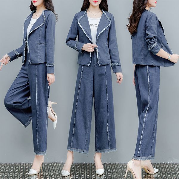 

denim women's suit new spring and autumn fashion korean temperament foreign style was thin wide leg 2 piece female set iwge, Gray