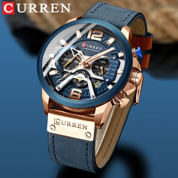 

2021 curren men watches brand luxury blue leather chronograph sport watch for men fashion date waterproof clock reloj hombreg, Slivery;brown