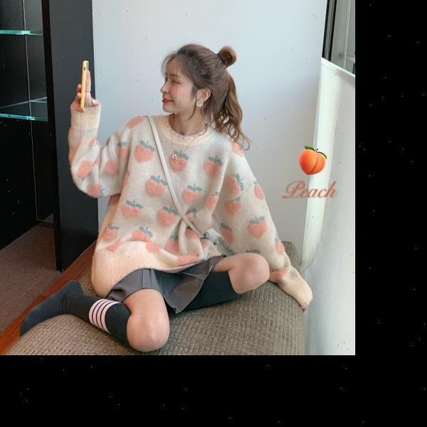 

3 color new sweet winter jumpers knit kawaii strawberry peach snowflake jacquard pullover oversized women sweater thickened, White;black