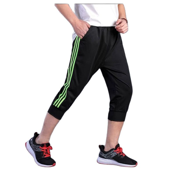 

men's pants casual pants, summer light style cotton sports 7 point loose large size students three bar, Black