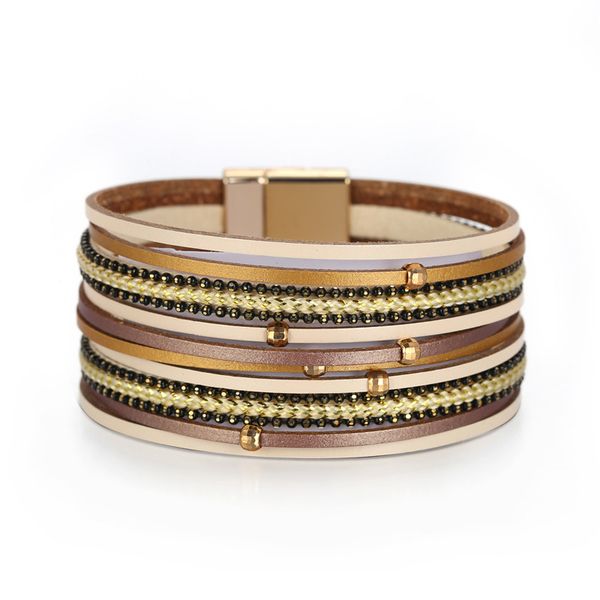 

fashion bohemian bracelet multilayer leather bracelet wide edge beaded magnetic buckle, Black