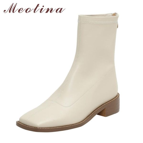 

boots meotina ankle women shoes genuine leather mid heel short square toe block heels zipper female khaki 40, Black