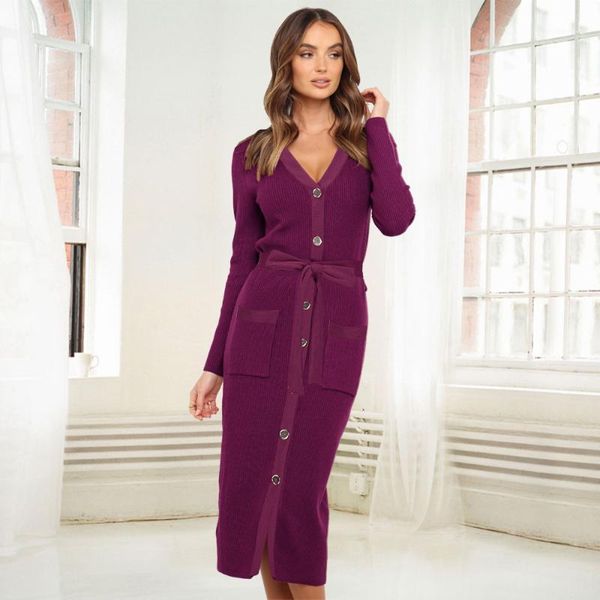 

casual dresses 2021 medium long knitted dress women v neck single breasted bandage fall winter sleeved slim knit, Black;gray