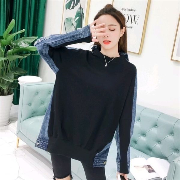 

chic women denim patchwork cotton sweatshirts female loose casual denim sweatshirts female denim patchwork cotton pullovers 201030, Black