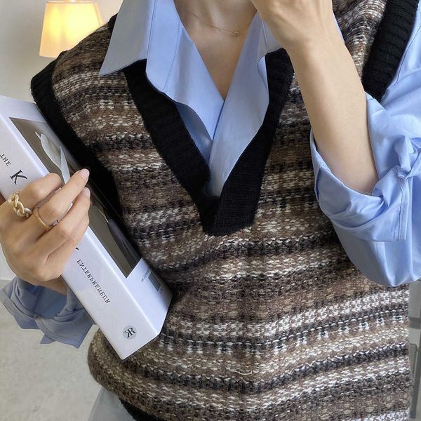 

korean v-neck loose knit waistcoat women spring summer vintage striped sleeveless sweater vest female 210607, Black;white