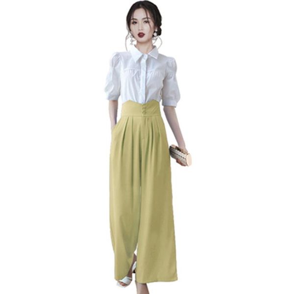 

women's two piece pants zawfl 2-piece suits women 2021 summer elegant puff sleeve crop & high waist solid color long ol work set, White