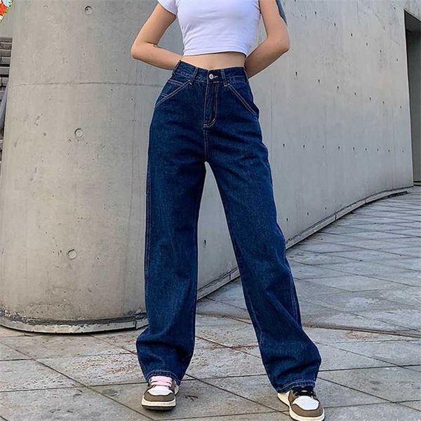 Retro Blau Frau Jeans Kausal Lose Baggy Hohe Taille Dünne Taschen Cargo Hosen Reißverschluss Taste Breite Bein Jeans Mujer Pantalones 211111