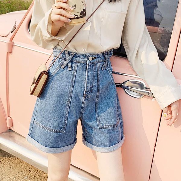 

women's pants & capris women summer jeans 2021 loose wide leg high waist short thin cotton button zip pocket denim shorts plus-size, Black;white
