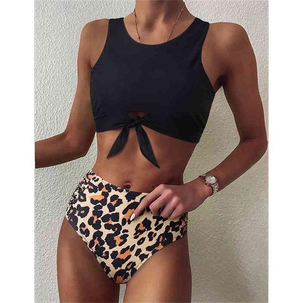 

high waist bikini leopard swimsuit women floral print neck push up swimwear snake bathing suit 210624, White;black