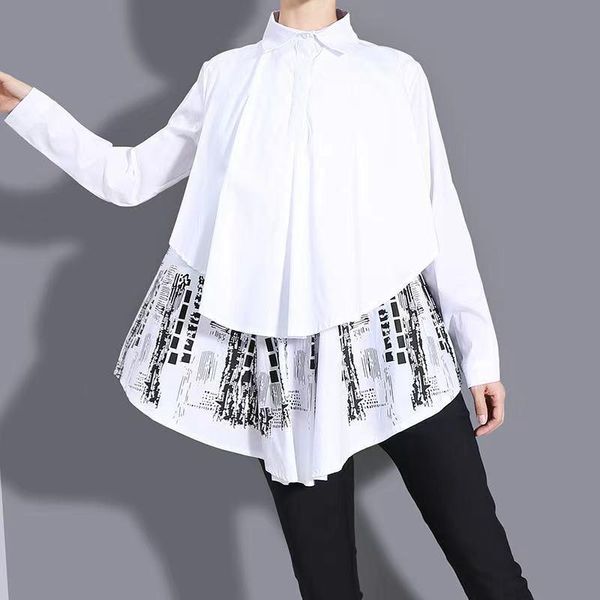 

women's blouses & shirts autumn ladies fashion casual commuting all-match trend stitching printing long-sleeved lapel shirt clothing w, White