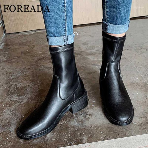 

boots foreada woman high heel mid calf round toe shoes chunky short female autumn winter black large size 33-431