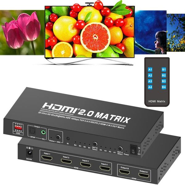 

audio cables & connectors hd 4k 60hz 2.0 matrix 4x2 switch splitter 4 in 2 out yuv 4:4:4 3d hdr hdcp2.2 arc spdif extractor edid