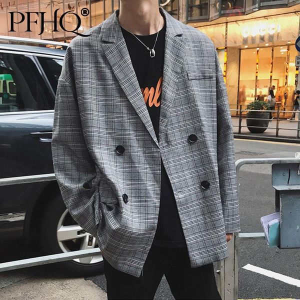 

men's vests pfhq 2021 men fashion loose notched patchwork plaid double breasted korean casual retro blazer autumn and winter 21d1385, Black;white