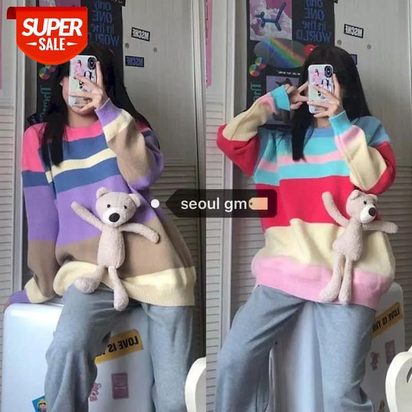 

autumn suit female student korean loose rainbow striped round neck knitted sweater + leisure sports bloomers two-piece suit #bb6k, Black;white