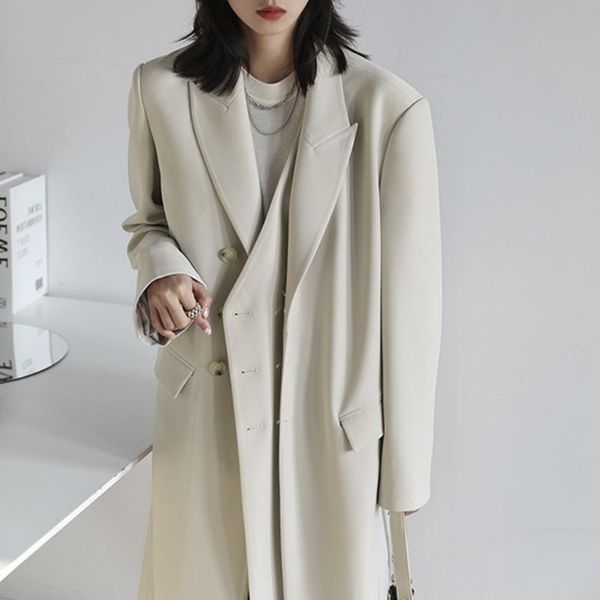 

women's trench coats [ewq] korea chic black blazer windbreaker women autumn 2021 notched oversized long sleeve suit coat outwear, Tan;black