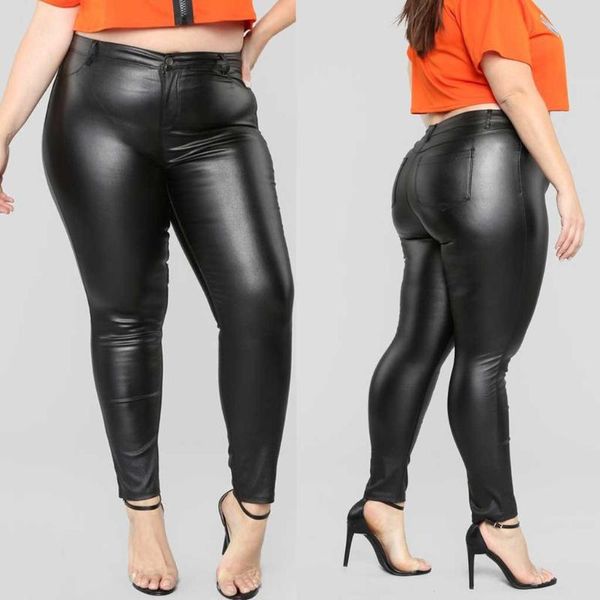 

women's pants & capris 2021 winter women solid black slim leather button casual stretch pencil trousers pantalon femme, Black;white