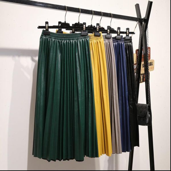 

pu skirt women 2021 autumn winter midi long korean elegant pleated high waist leather skirt female line office skirt, Black