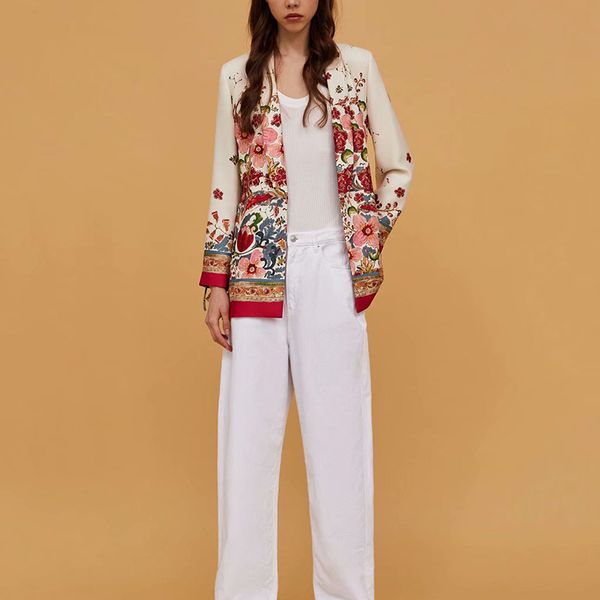 

women autumn long sleeve print blazers jackets vintage floral female suits casual street office lady sets loose bottoms, Black;brown